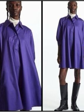 COS Womens A-Line Popover Mini Shirt Dress Purple 3/4 Sleeve Pockets